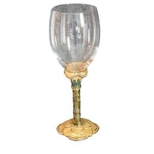 Vintage 2 Saints Yellow Green Enamel Rhinestone Embellished Wine Goblet